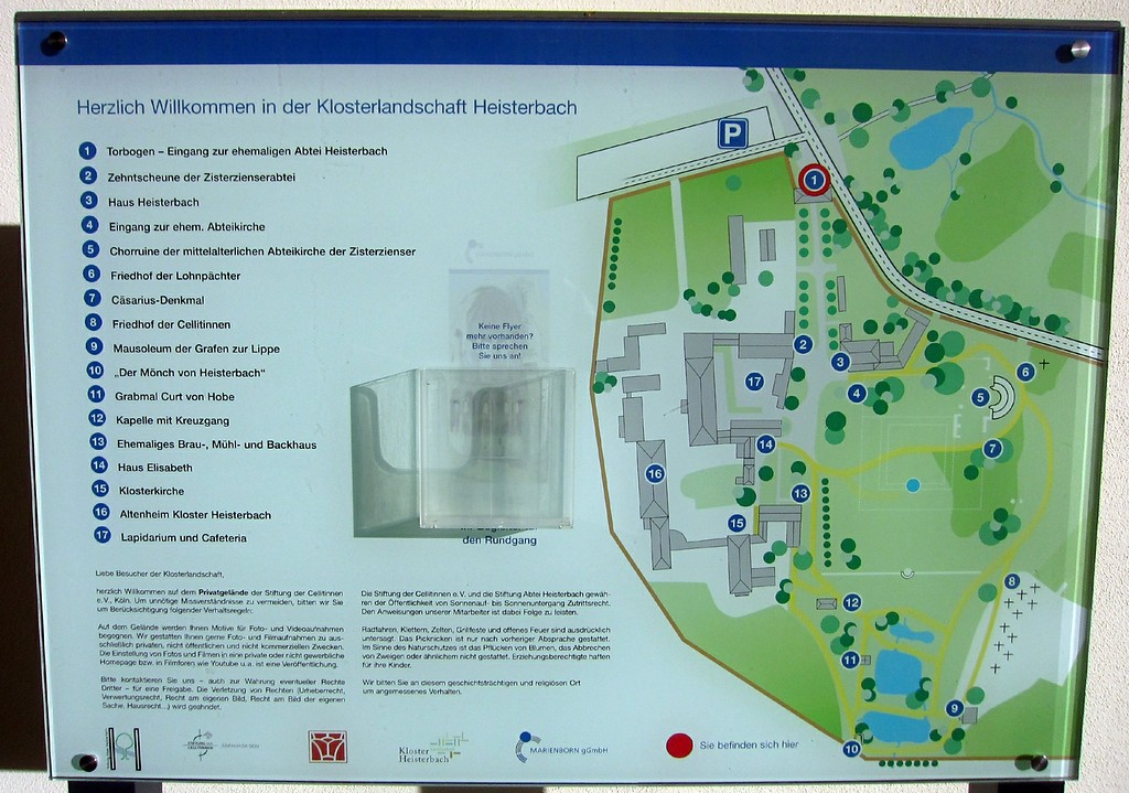 Plan zur "Klosterlandschaft Heisterbach" am barocken Klosterttor zur ehemaligen Abtei (2014).