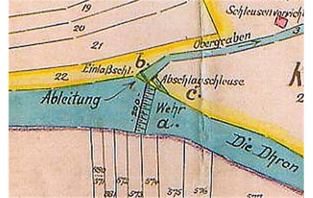 Historische Planskizze des Mühlenwehrs an der Dhron an der Krackesmühle (1925)