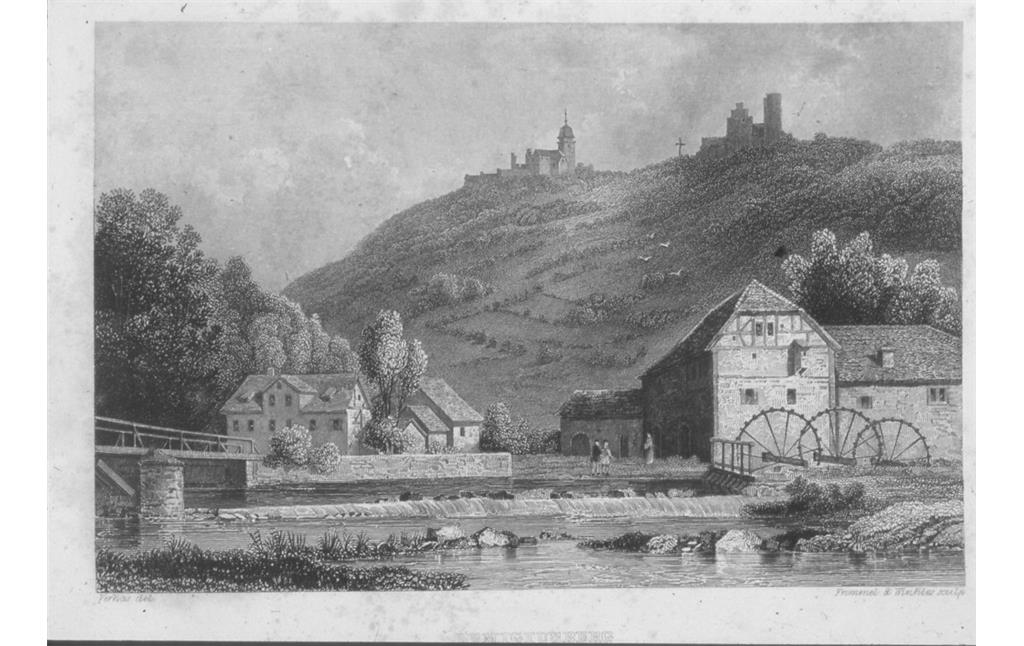 Ansicht der Burgruine Michelsburg und der Benediktinerpropstei Remigiusberg von Südosten (um 1835).