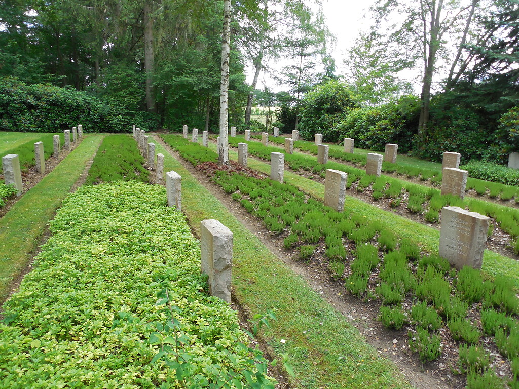 Bild 7: Bepflanzte Gräberreihen auf der Gräberstätte Rurberg mit Grabsteinen aus Ruhrsandstein (2020).