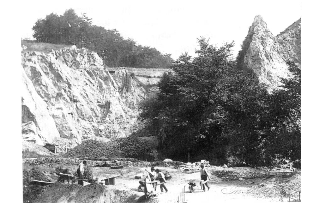 Steinbrucharbeiter 1891 auf der rechten Talseite im Bereich des Laubachs, Neanderthal Museum.