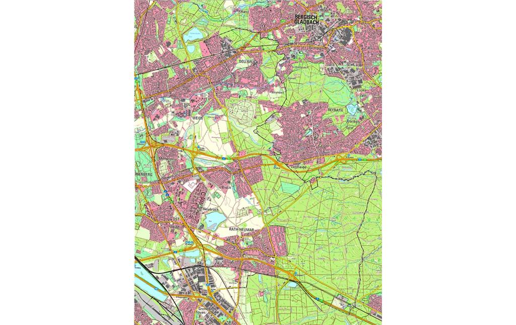 Die aktuelle topographische Karte von Geobasis NRW bildet die Landnutzung im Projektgebiet der Integrierten Raumanalyse Köln-Ost Jahr 2010 ab.
