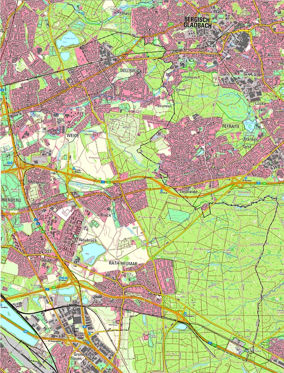 Die aktuelle topographische Karte von Geobasis NRW bildet die Landnutzung im Projektgebiet der Integrierten Raumanalyse Köln-Ost Jahr 2010 ab.