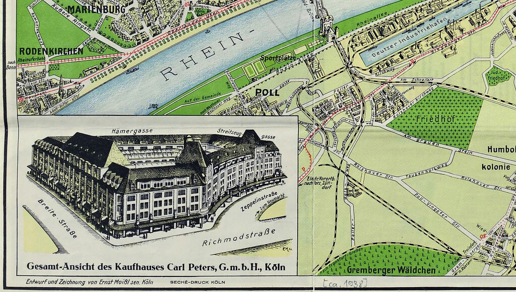 Stadtplan von Köln (um 1938) mit den rechtsrheinischen Orten Deutz, Poll, Rolshoven und Gremberg sowie einer Gesamtansicht des Kaufhauses Peters.