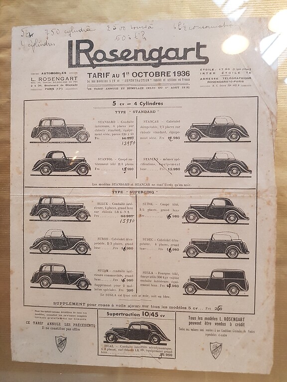 Werbeprospekt des französischen Automobilherstellers "Rosengart" mit den Fahrzeugmodellen und den (teils handschriftlich korrigierten) Verkaufspreisen ab dem 1. Oktober 1936.