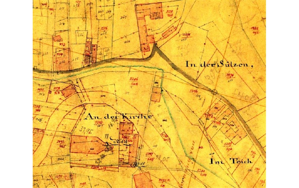 Auschnitt einer historischen Katasterkarte mit dem Ort Oberdollendorf und dem Gut Sülz, einem ehemaligen Weingut der Zisterzienserabtei Heisterbach.