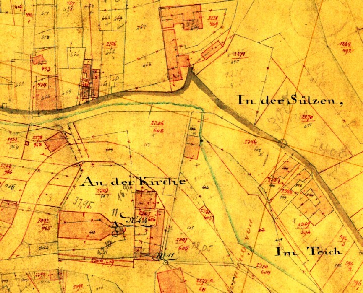 Auschnitt einer historischen Katasterkarte mit dem Ort Oberdollendorf und dem Gut Sülz, einem ehemaligen Weingut der Zisterzienserabtei Heisterbach.