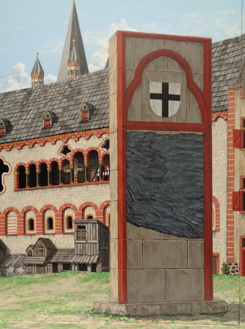 Ausschnitt aus dem Gemälde "Domhof mit erzbischöflichem Palast von 1164 und dem Blauen Stein" des Kölner Künstlers Siegfried Glos (Original 2006 Acryl auf Nessel, überarbeitet 2009).