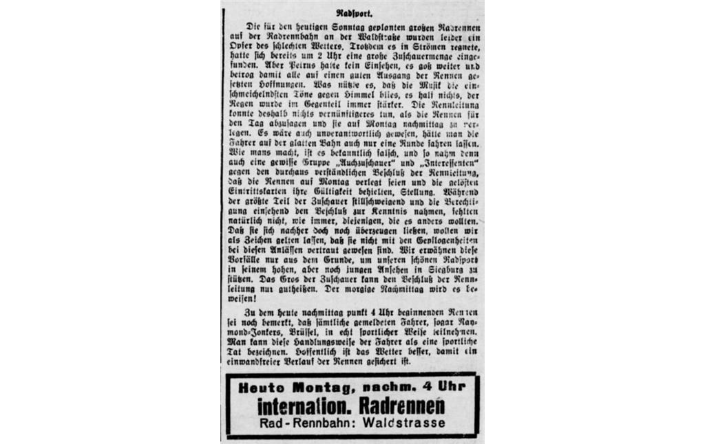 Ausriss aus der Deutschen Reichs-Zeitung vom 22. September 1924: Der Artikel behandelt ein wegen schlechten Wetters verschobenes internationales Radrennen auf der Radrennbahn Siegburg.