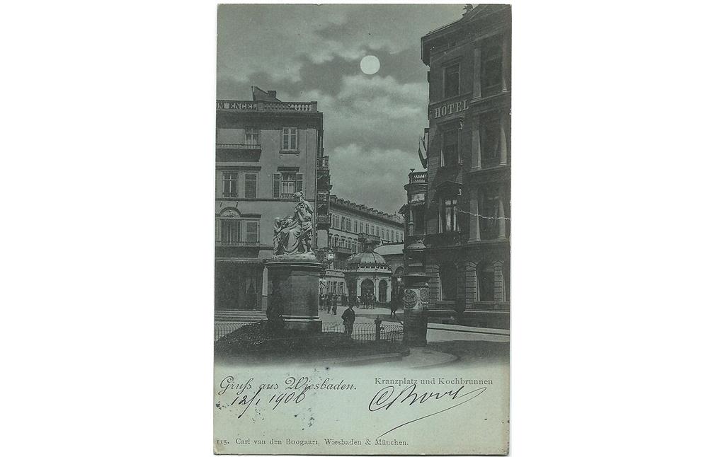 Historische Fotografie des Kranzplatzes in Wiesbaden mit dem Tempelchen über dem Kochbrunnen im Hintergrund (1906)