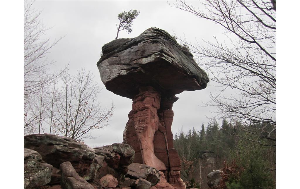 Die bekannteste Felsenlandformation im Wasgau, der sogenannte "Teufelstisch" bei Hinterweidenthal im Pfälzerwald (2013).