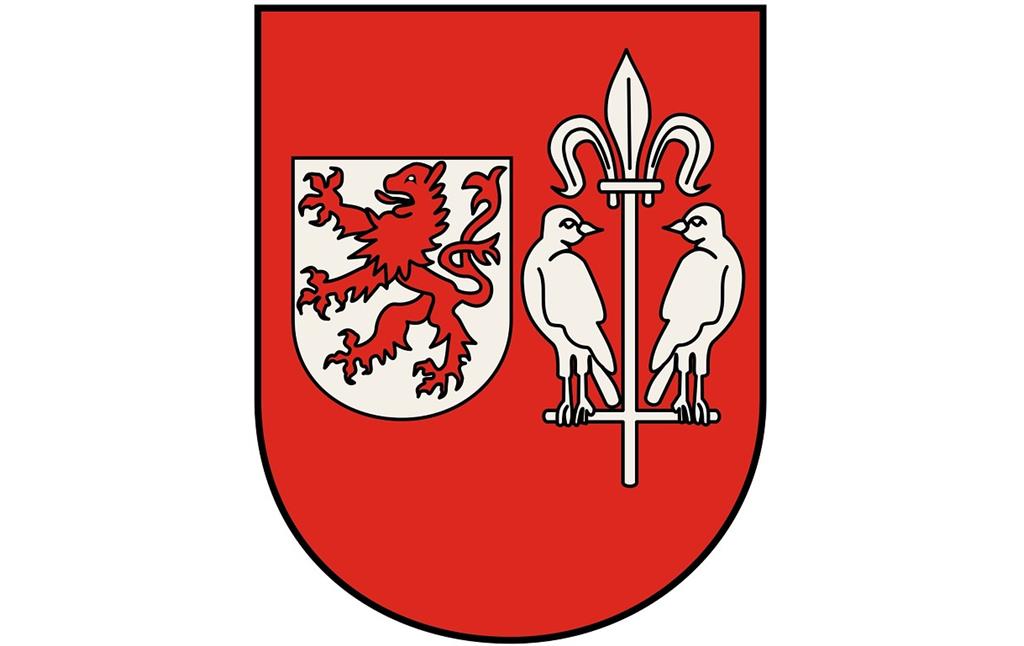 Das Wappen der Stadt Wesseling mit rotem Löwen, Lilienstab und zwei Vögeln (2012).