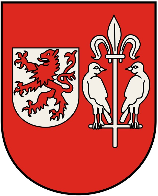 Das Wappen der Stadt Wesseling mit rotem Löwen, Lilienstab und zwei Vögeln (2012).