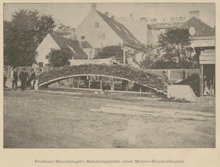 Professor Bauschinger's Belastungsprobe eines Monier-Brückenbogens an einem nicht näher bestimmten Ort (1880er Jahre)