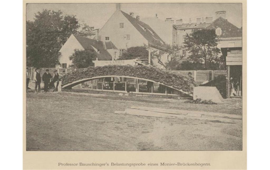 Professor Bauschinger's Belastungsprobe eines Monier-Brückenbogens an einem nicht näher bestimmten Ort (1880er Jahre)