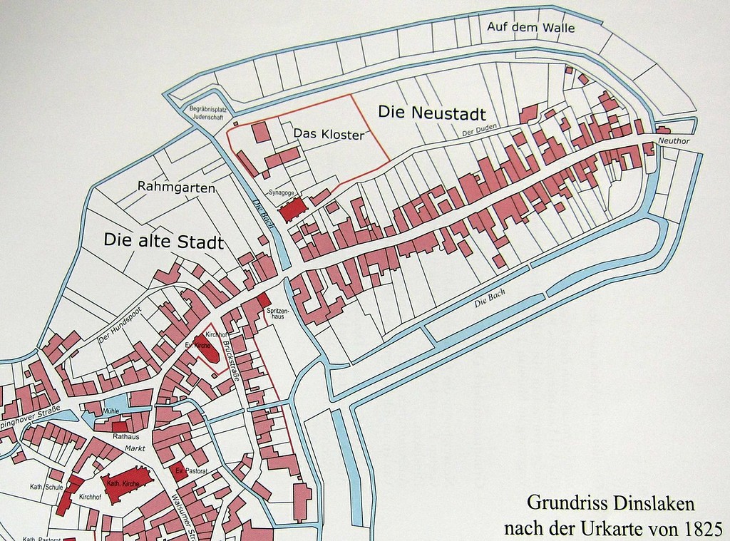 Die Lage der Synagoge und des alten Jüdischen Friedhofs auf dem Grundriß Dinslaken nach der Urkarte von 1825 (hier aus der Umzeichnung im Rheinischen Städteatlas).