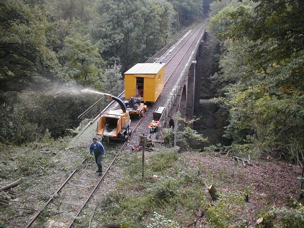 Freischnittarbeiten auf der Bahnstrecke der Brexbachtalbahn im Brexbachtal (Aufnahme um 2000).