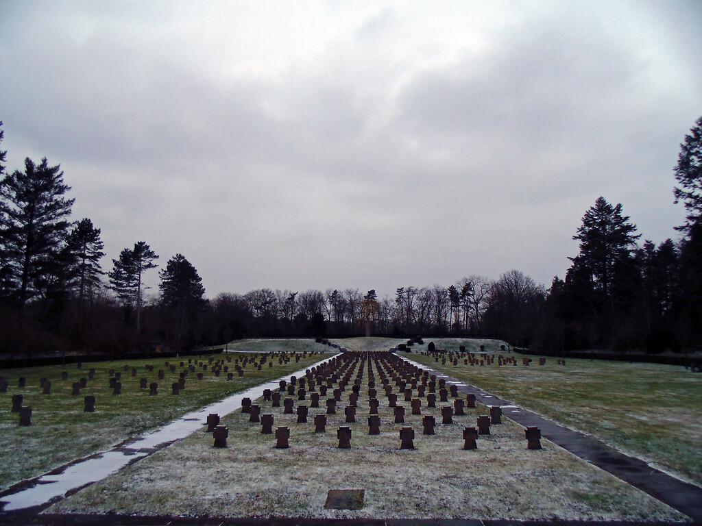 Blick auf das Gräberfeld für deutsche Kriegsopfer auf dem Westfriedhof in Köln-Vogelsang (2021). Hier fanden 1.894 Opfer der alliierten Bombenangriffe während des Zweiten Weltkriegs ihre letzte Ruhestätte.