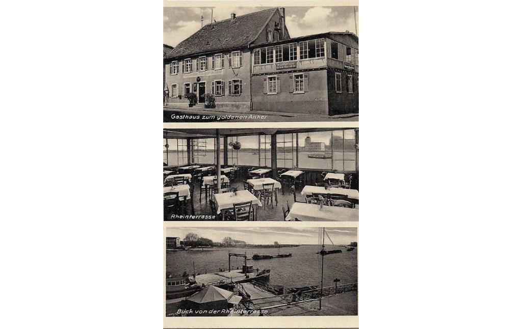 Historische Fotografie mit dem Gasthaus zum goldenen Anker, der Rheinterrasse und dem Blick von der Rheinterrasse auf die Fähre in Nierstein (1950er Jahre)