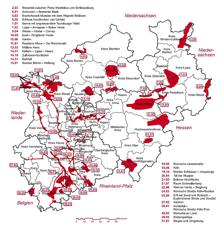 Karte der landesbedeutsamen Kulturlandschaftsbereiche in Nordrhein-Westfalen (2006).