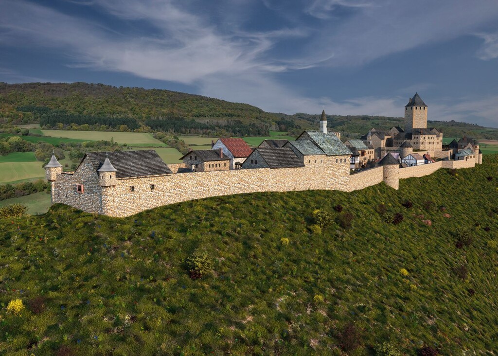 Rekonstruktionsvorschlag der Unterburg der Burg Lichtenberg von Süd-Westen (2023)