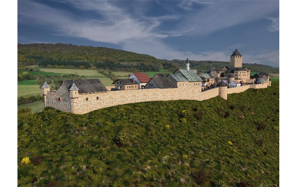 Rekonstruktionsvorschlag der Unterburg der Burg Lichtenberg von Süd-Westen (2023)