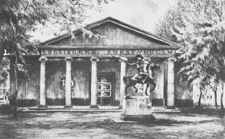 Radierung von Paul Prött (um 1930): Das Gebäude des Kölnischen Kunstvereins am Kölner Friesenplatz, davor eine Reiterstatue.
