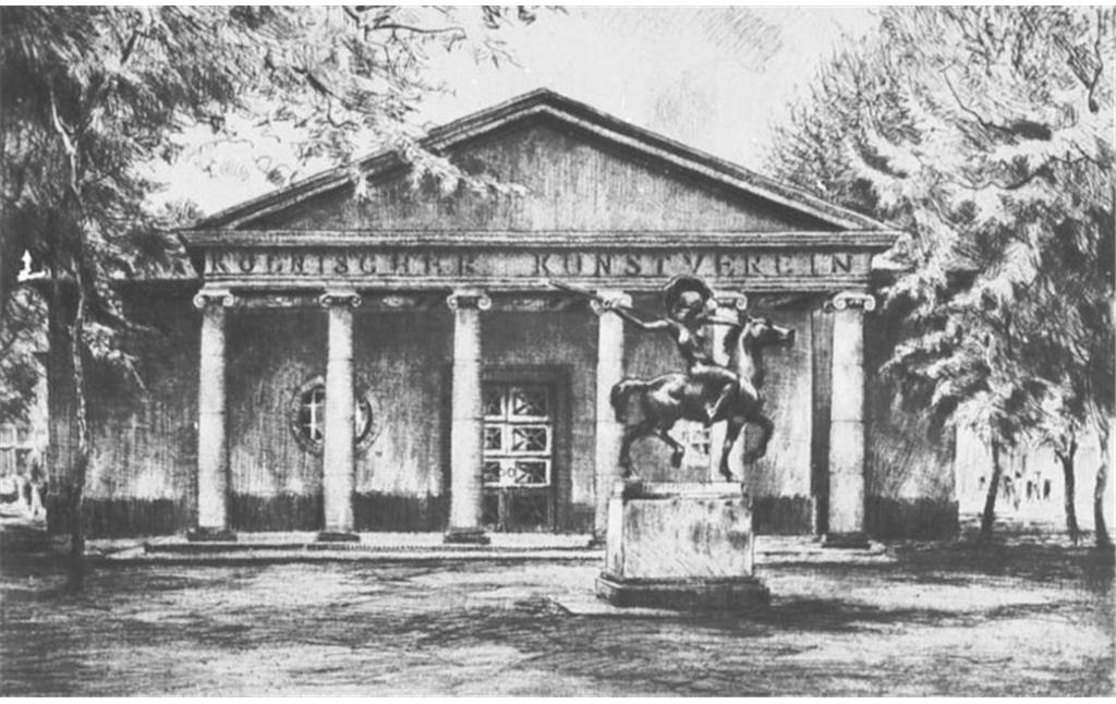 Radierung von Paul Prött (um 1930): Das Gebäude des Kölnischen Kunstvereins am Kölner Friesenplatz, davor eine Reiterstatue.
