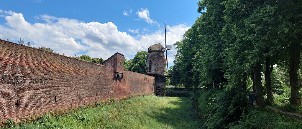 Die Stadtmühle Zons an der Süd-West-Ecke der Stadtmauer Zons, rechts im Bild die der Mauer und der der Wallanlage vorgelagerte Lindenallee in Dormagen-Zons (2022).