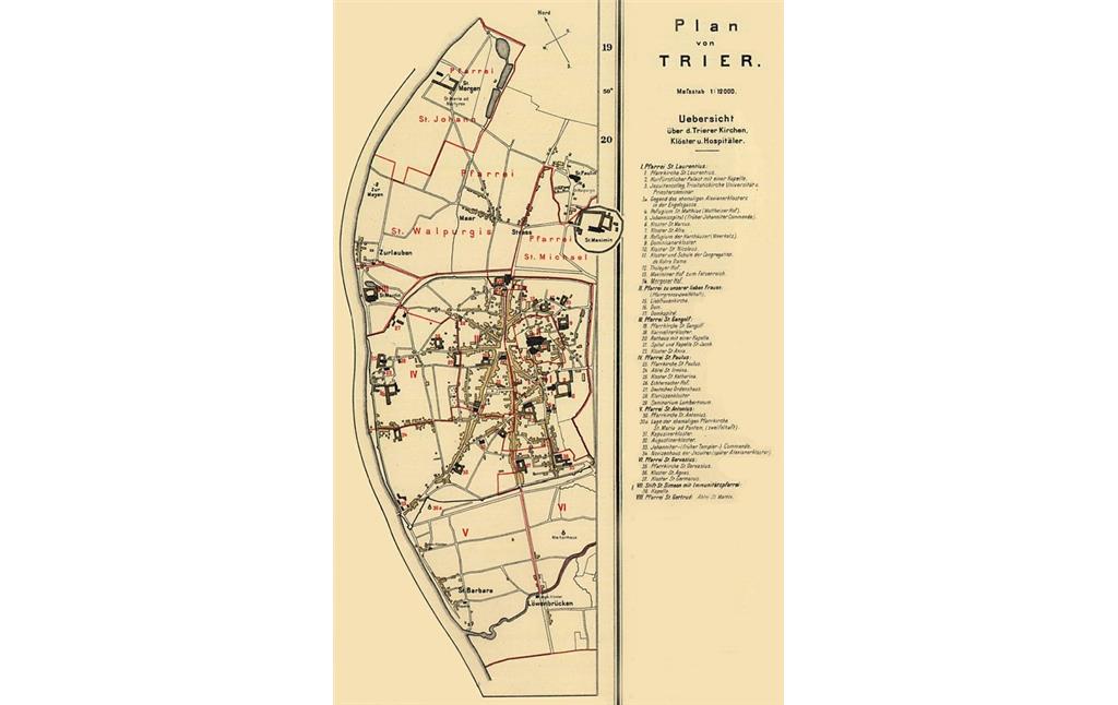 Bearbeiteter Ausschnitt "Plan von Trier" aus der Karte "Kirchliche Organisation und Verteilung der Confessionen im Bereich der heutigen Rheinprovinz um das Jahr 1610" (1903).