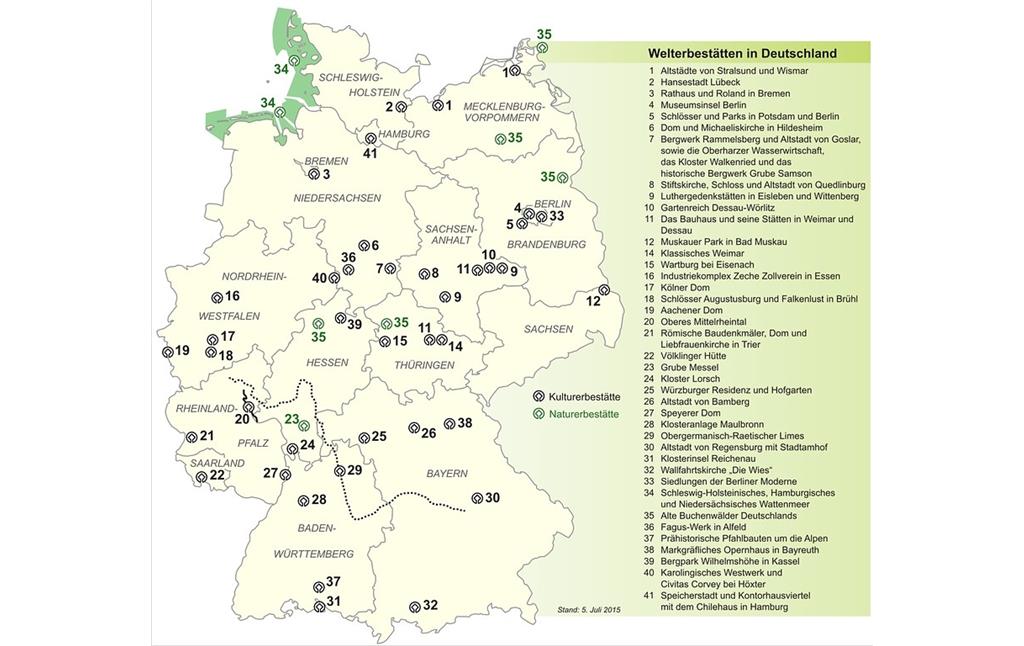 Karte der UNESCO-Welterbestätten in Deutschland (Stand 2015)