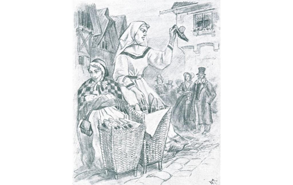Zeichnung zweier Schuhe verkaufender Frauen eines unbekannten Künstlers (Mitte 19. Jahrhundert)