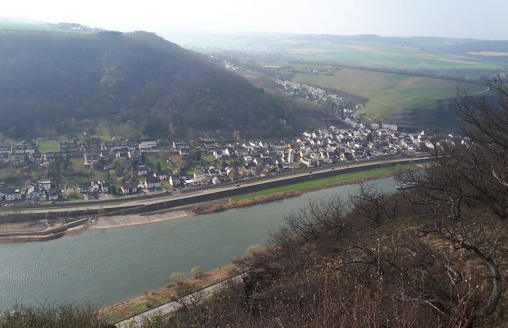 Blick von der Hitzlay aus über die Mosel auf den Ort Lehmen im Landkreis Mayen-Koblenz (2019)