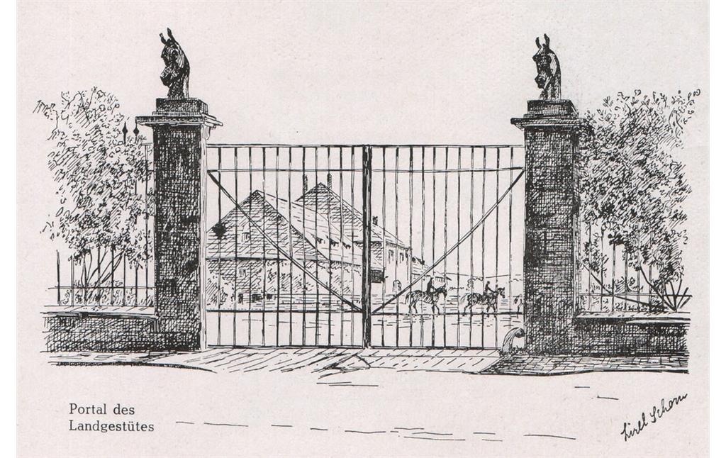 Zeichnung aus der Hand Lisel Schorns vom alten Eingang zum Landgestüt Zweibrücken (frühes 20. Jahrhundert)