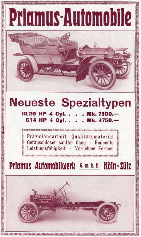 Werbeanzeige "Priamus-Automobile - Neueste Spezialtypen" der Köln-Sülzer Priamus Automobilwerk G.m.b.H. in Braunbeck's Sport-Lexikon von 1910.