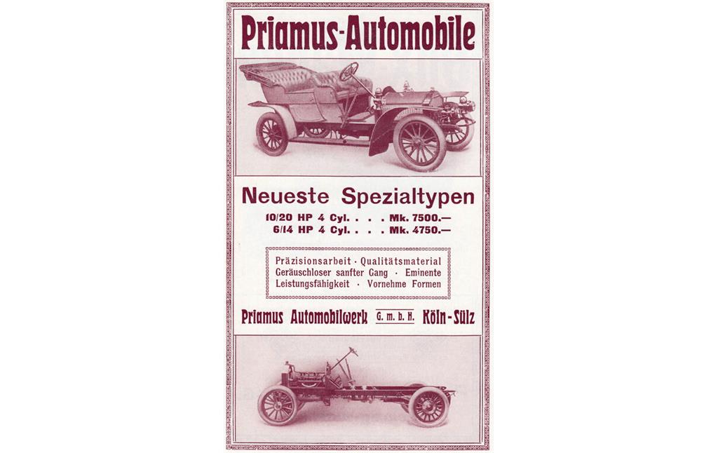 Werbeanzeige "Priamus-Automobile - Neueste Spezialtypen" der Köln-Sülzer Priamus Automobilwerk G.m.b.H. in Braunbeck's Sport-Lexikon von 1910.
