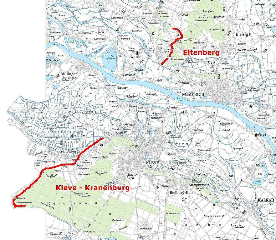Karte der beiden Verteidigungsanlagen des Ersten Weltkrieges am Eltener Berg und im Reichswald bei Kranenburg (2014).