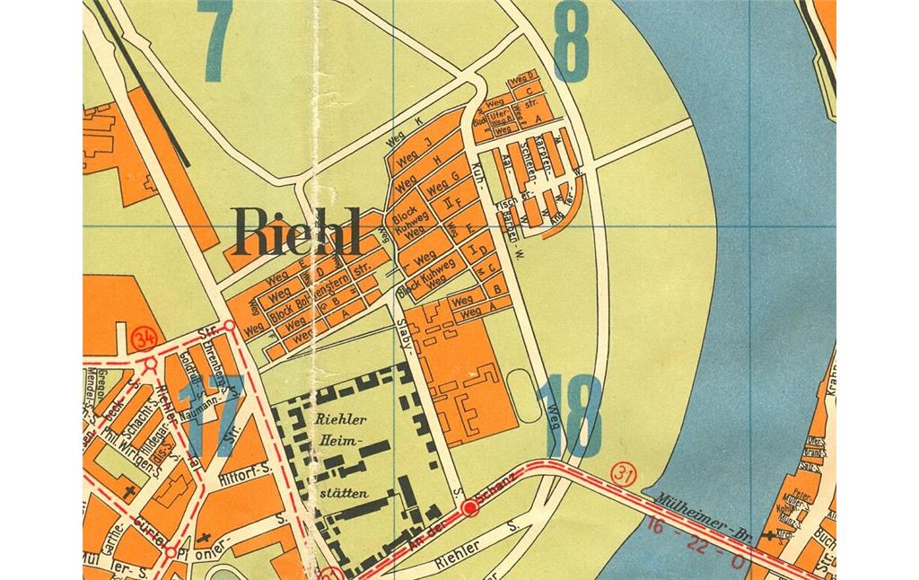 Ausschnitt aus einem Stadtplan von Köln aus den 1950ern: Die Fischersiedlung Riehl (später Köln-Niehl) und das Areal der Riehler Heimstätten.