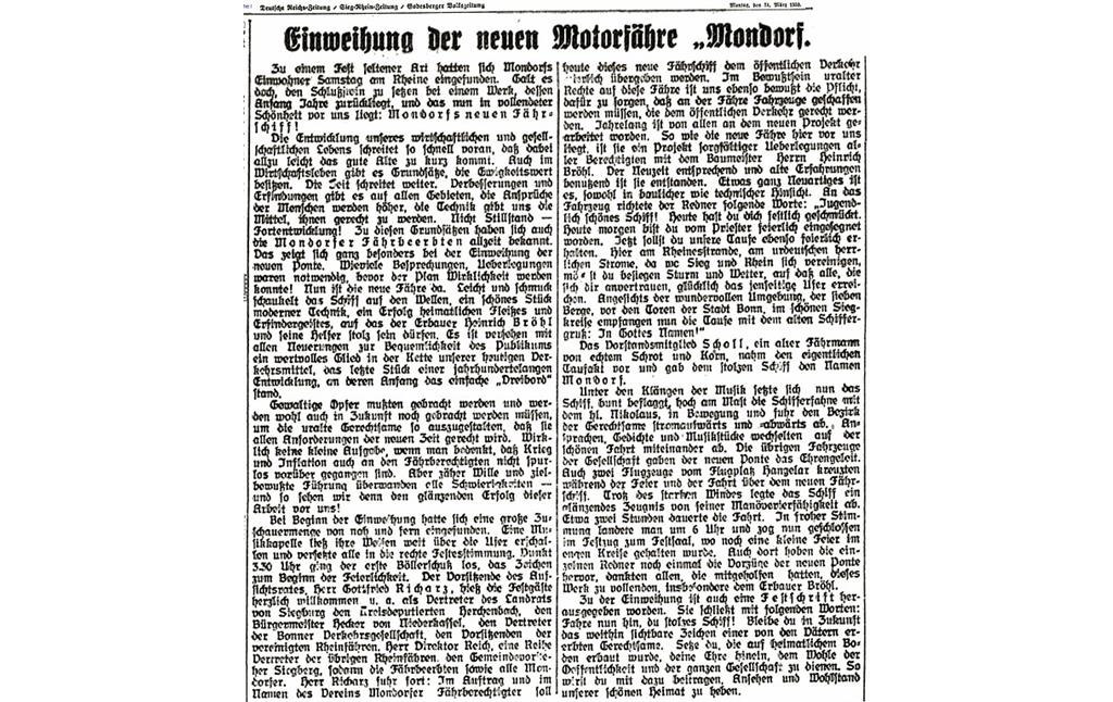Zeitungsartikel der Deutschen Reichs-Zeitung vom 31.03.1930 zur "Einweihung der neuen Motorfähre Mondorf".