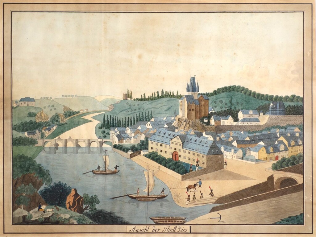Historische Ansicht der Stadt Diez mit dem Grafenschloss und der Lahnbrücke (um 1810)