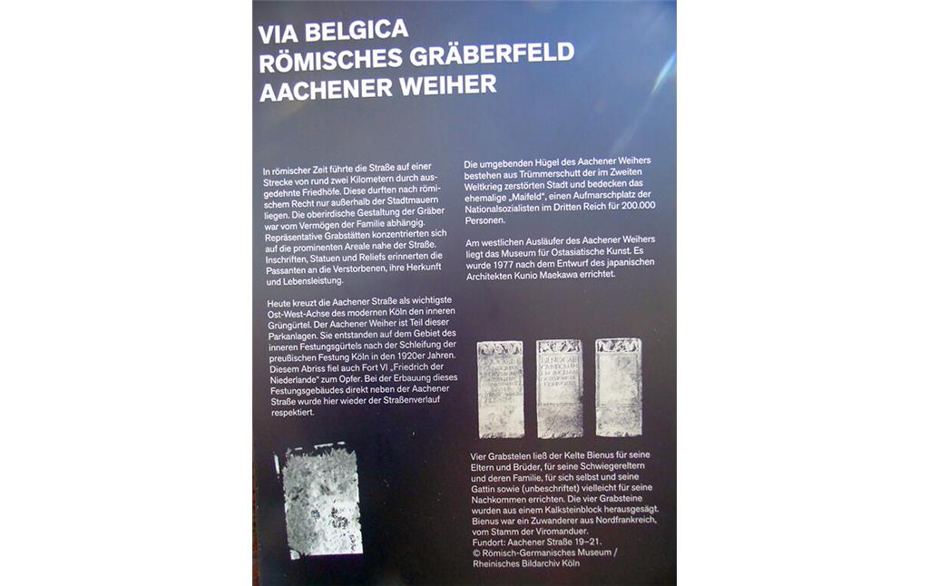 Informationstafel des Projekts "VIA - Erlebnisraum Römerstraße" am Aachener Weiher in Köln-Neustadt-Süd (2020).