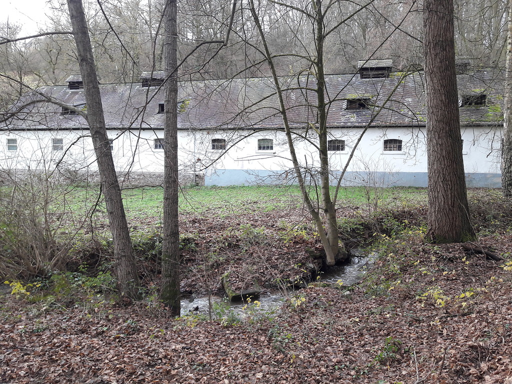 Wirtschaftsgebäude der Nonnenmühle mit Blaubach im Vordergrund (2017)