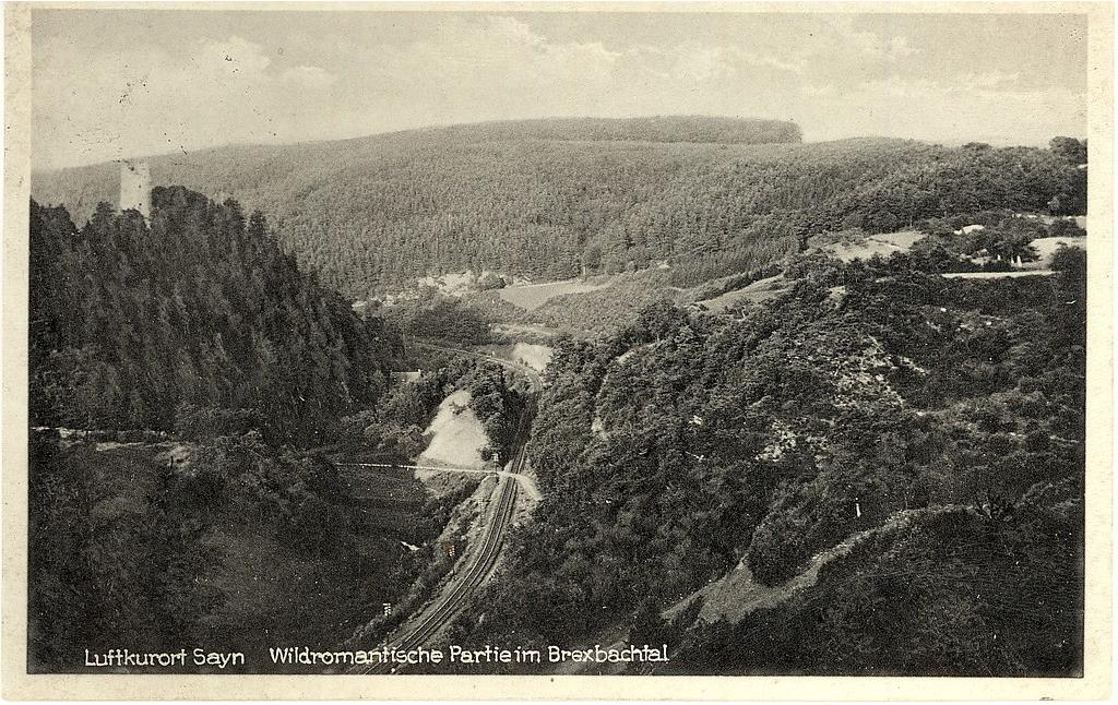 Das Brexbachtal auf einer Postkarte aus dem "Luftkurort Sayn", in der Bildmitte ein Teil der Strecke der Brexbachtalbahn (vermutlich 1920er bis 1940er Jahre).