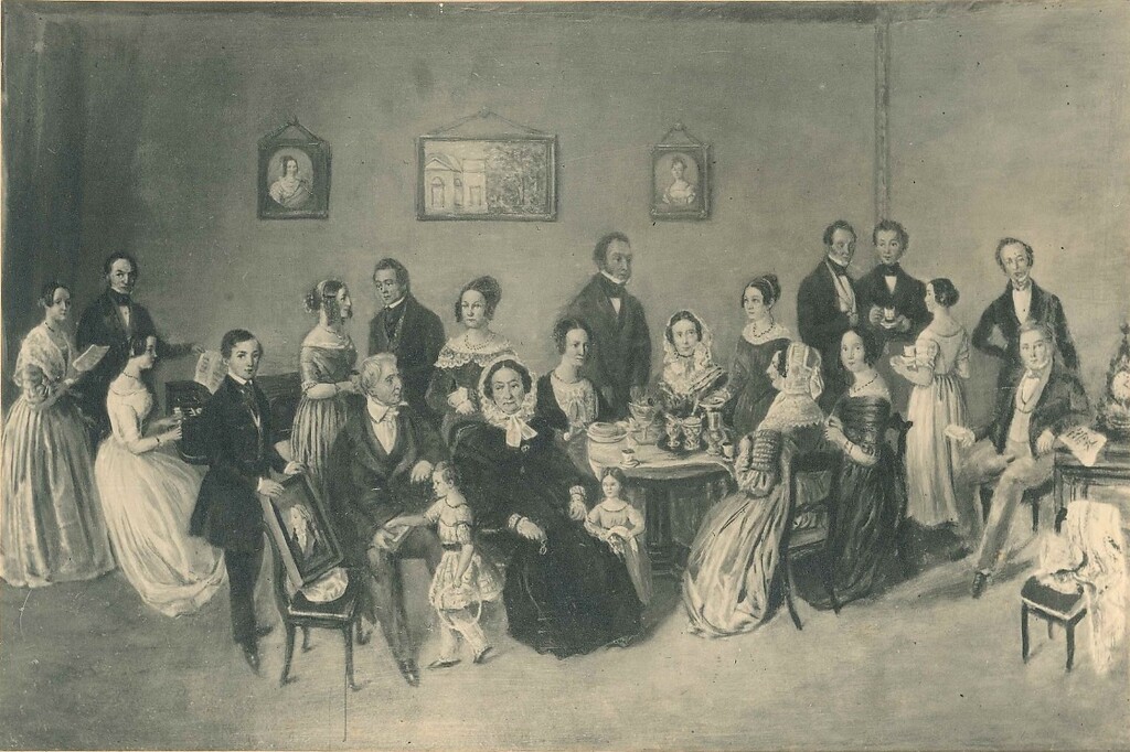 Mitglieder der Bendorfer Industriellenfamilie Remy beim Tee (um 1840)