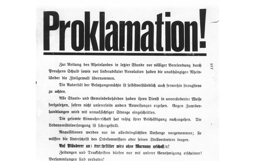 Ausschnitt der Proklamation der Rheinischen Republik (obere Hälfte), Plakat-Aushang, Koblenz 25. Oktober 1923 (Landeshauptarchiv Koblenz Bestand 442, Nr. 8297, Bl. 387)