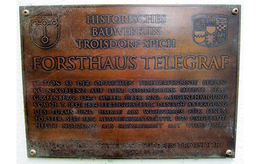 Hinweistafel zur Station Nr. 53 der optischen Telegrafenlinie am heutzigen Ausflugslokal "Forsthaus Telegraf" in der Wahner Heide (2011).