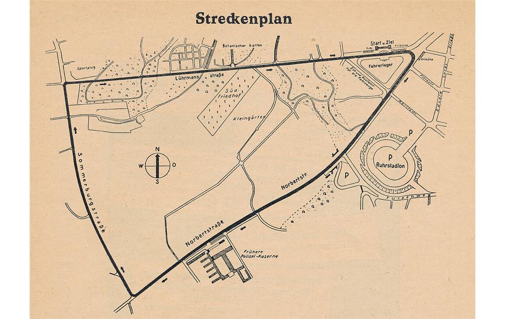 Streckenskizze zum Rennen um "Gruga-Preis der Stadt Essen" am 20. Juli 1952 aus dem Programmheft, rechts im Plan das Ruhrstadion / Grugastadion Essen.