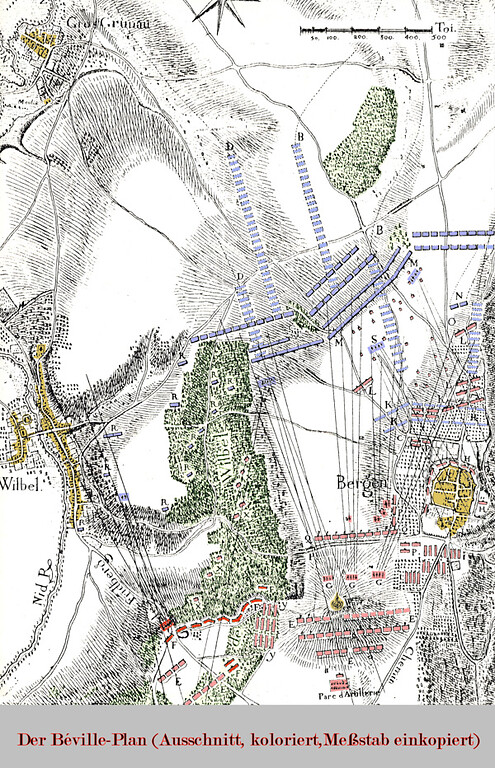 Skizze der Truppenbewegungen bei der Schlacht bei Bergen und Vilbel im Jahr 1759