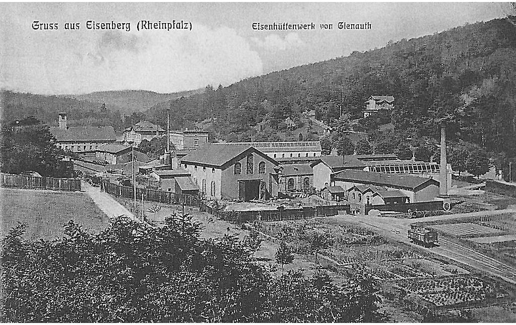 Historische Postkarte mit Blick von Osten auf das Eisenwerk Gienanth (gelaufen um 1910)