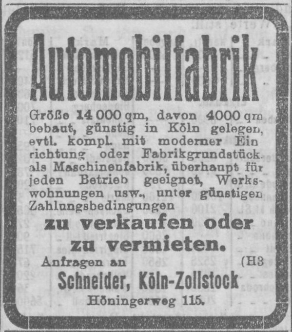Anzeige zum Verkauf oder zur Vermietung der vormaligen Priamus-Automobilfabrik am Höningerweg in Köln-Zollstock ("Größe 14000 qm, davon 4000 qm bebaut") in der Kölnischen Zeitung vom 24. Juli 1926.